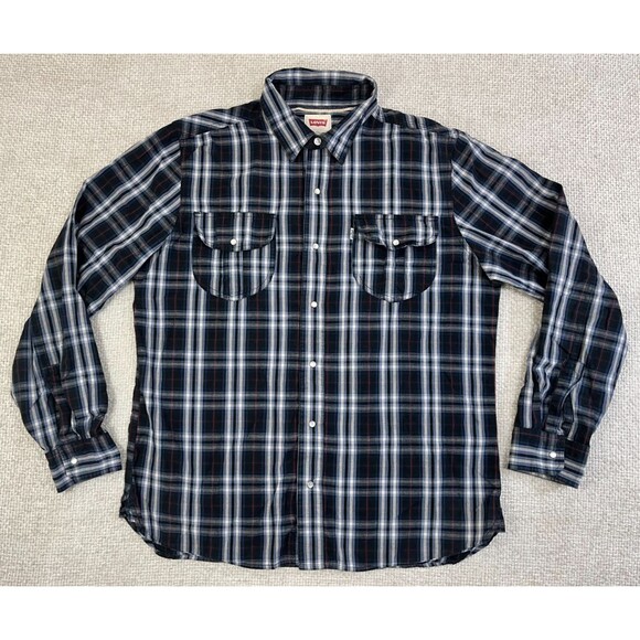Levis Pearl Snap Shirt Men's Large Blue Plaid Long Sleeve Western Modern Fit - Picture 1 of 8